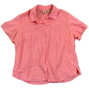 Quizz Again Women's Blouse L Linen/Cotton Blend Pink Short Sleeve Embroidered Bu